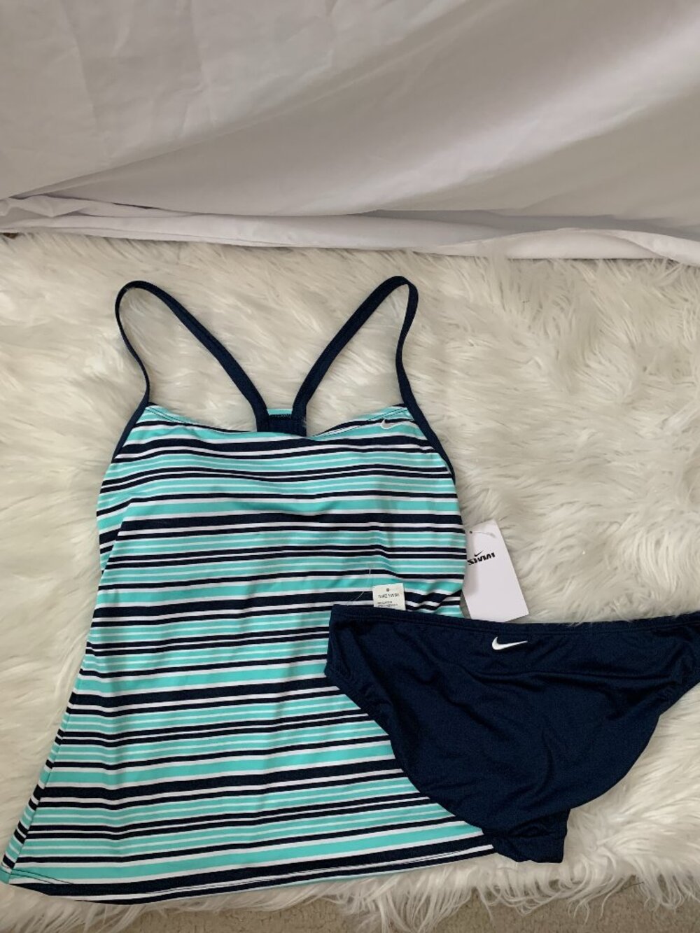 NIKE SWIM Striped Racerback Tankini Two-Piece Set in Navy Multi Sz MEDIUM